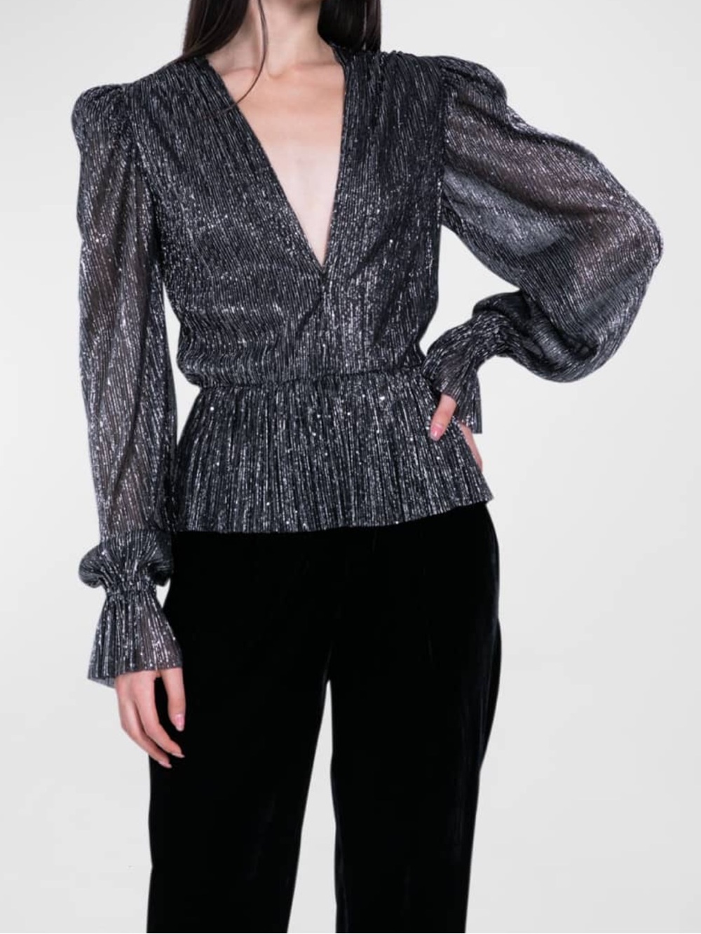 Sabina Musayev Liya Sequin Puff-Sleeve V-Neck Top XS NWT $220